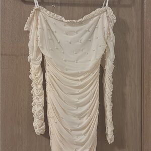 Windsor Cream Off-Shoulder Dress with Pearl Accents